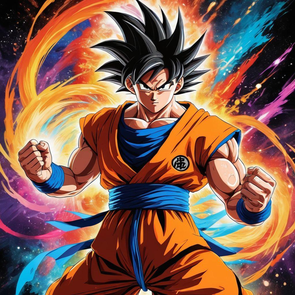 A vibrant collage featuring iconic moments of Goku from Dragon Ball, showcasing dynamic action poses, energy blasts, and iconic transformations. Include passionate fan art styles with colorful drawings and mixed media textures, creating a sense of community creativity. Surround Goku with a glowing aura and multi-colored Ki energy. Nostalgic anime elements should blend with modern artistic interpretations. vivid colors. comic book style. energetic composition.