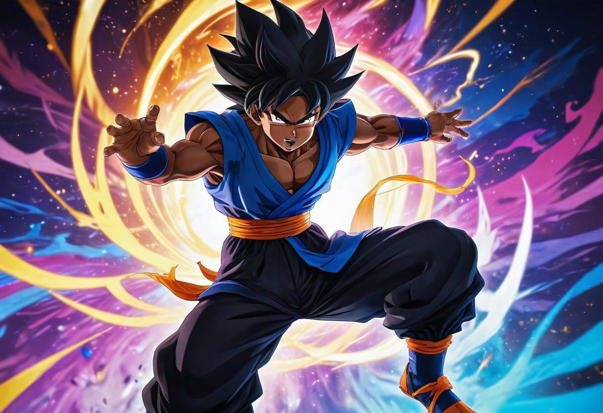 A powerful depiction of Black Goku in a dynamic battle stance, surrounded by colorful energy waves and iconic anime motifs. The background features a lively anime convention scene filled with fans in cosplay, showcasing their love for various characters. Envelop the image in vivid colors highlighting the essence of joy and passion within the anime fandom. cartoon style. vibrant colors. 3D.