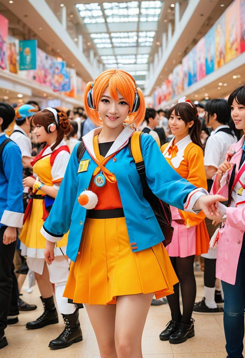 A vibrant scene featuring diverse individuals in colorful anime cosplay outfits, posing joyfully at a bustling convention. Include iconic manga elements in the background, like comic panels and speech bubbles, plus a hint of popular anime characters nearby. The atmosphere should exude excitement and creativity, emphasizing the connection between manga and cosplay culture. Use a bright color palette to enhance the joyful mood. super-realistic. vibrant colors. 3D.